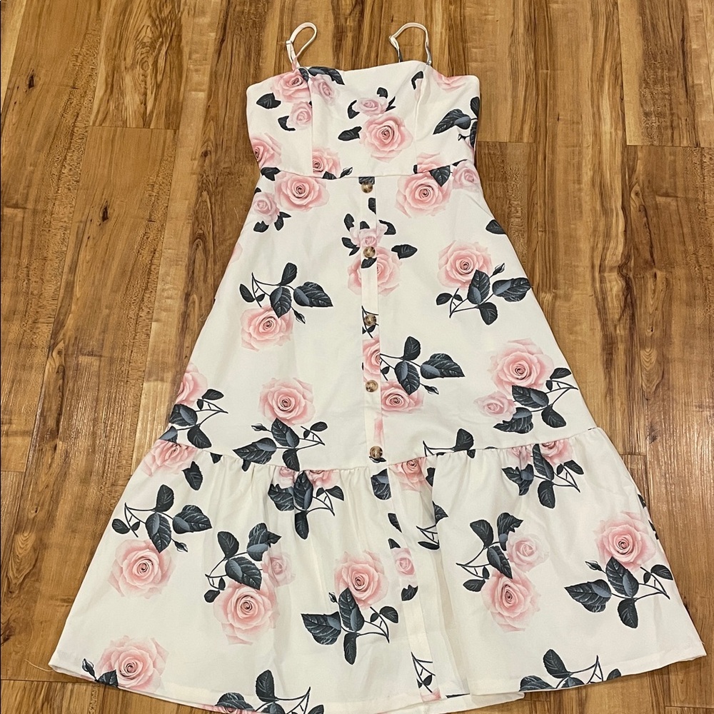 Floral Rose Pink and White Midi Dress